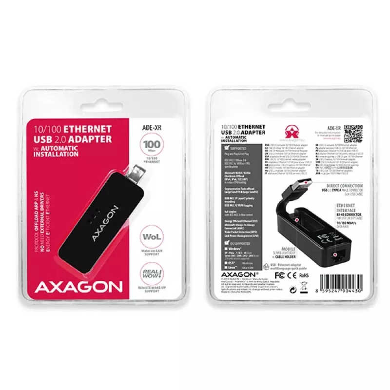 AXAGON ADE-XR USB 2.0 Typ-A auf Fast Ethernet 10/100 Adapter, RJ-45, Realtek RTL8152, schwarz, 23 g