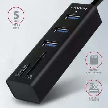 Axagon HMA-CR3A Metall USB 3.2 Gen 1 Multi-Port-Hub mit drei USB-Anschlüssen und Kartenleser
