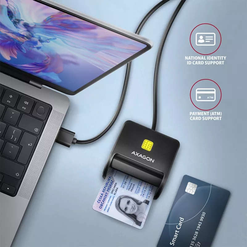 Axagon CRE-SM3N USB-A Smartcard-/ID-Karten-Flachlesegerät, USB 2.0, 1,3 m, Schwarz, 57 g