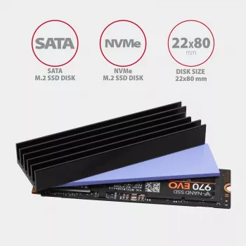 Axagon CLR-M2L10 Passiver Aluminium-Kühlkörper für alle M.2 SSDs, Größe 2280, 10 mm hoch.