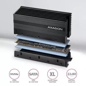 Axagon CLR-M2XL Passiver Aluminium-Kühlkörper für einseitige und zweiseitige M.2 SSD-Laufwerke, Größe 2280, Höhe 36 mm