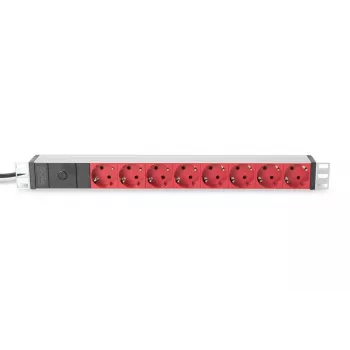 DIGITUS 1U Aluminium PDU, rackmontierbar 10A Stecker, 250VAC 50/60Hz, 8x ROTE CEE 7/7 Steckdose vorgesichert, IEC C14 Stecker