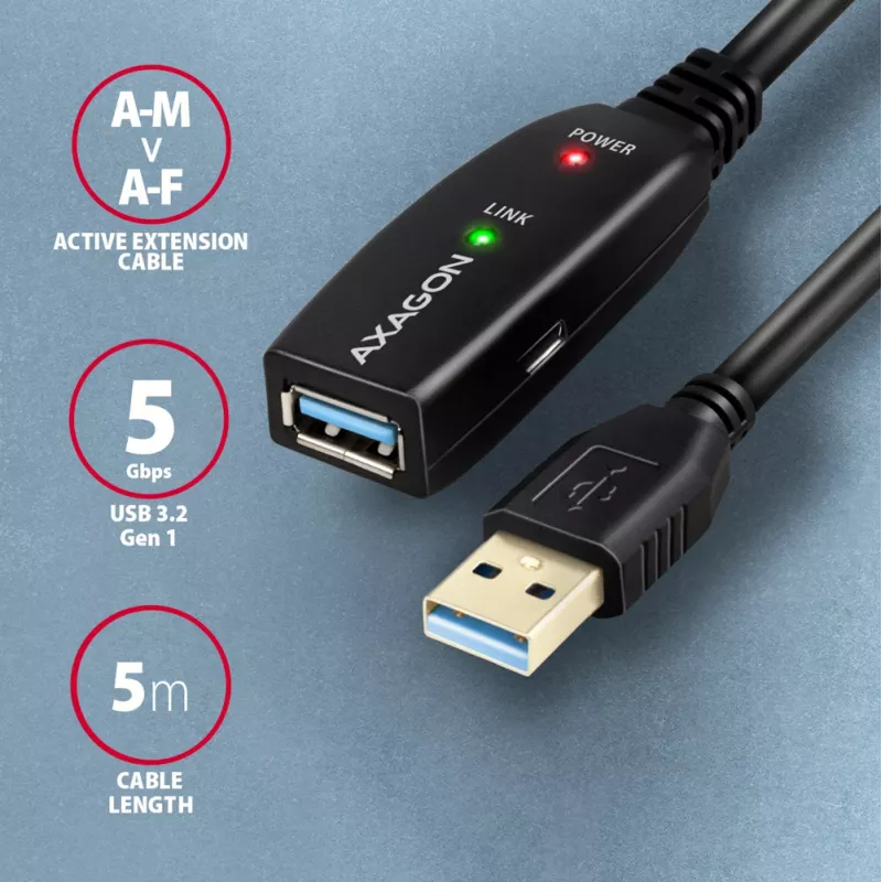 Axagon ADR-305 USB 3.2 Gen 1 A-M -> A-F aktives Verlängerungs-/Repeaterkabel 5 m