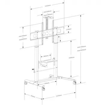 Multimedia-Wagen TECHLY ICA-TR230 Schwarz für Flachbildschirm bis zu 110 Zoll, VESA 900x600, Höhe 1850 mm, Traglast 120 kg