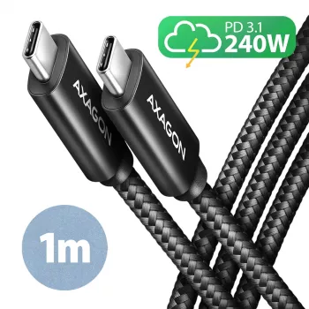 Axagon BUCM2-CM10AB Daten- und Ladekabel USB 480Mbps 1 m, PD 240W, 5A, schwarz geflochten