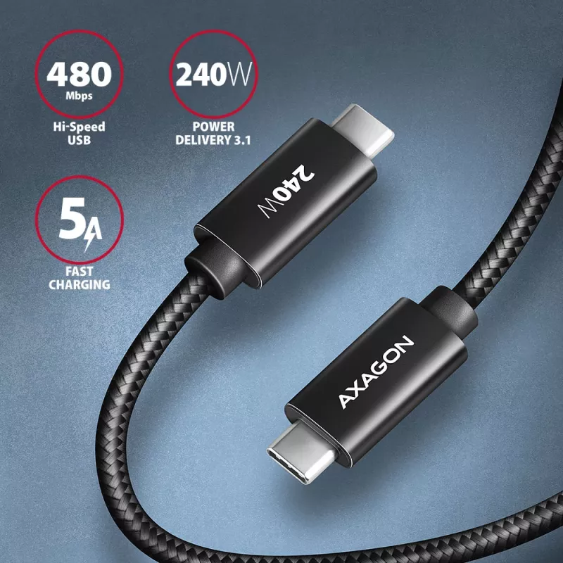 Axagon BUCM2-CM25AB Daten- und Ladekabel USB 480Mbps 2,5 m. PD 240W, 5A. Schwarz geflochten
