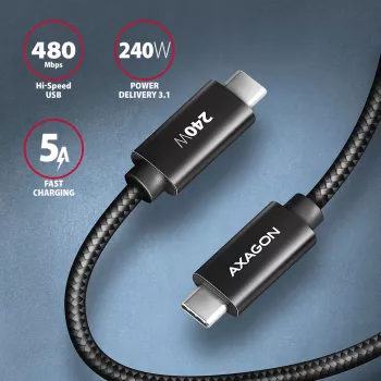 Axagon BUCM2-CM30AB Daten- und Ladekabel USB 480Mbps 3 m. PD 240W, 5A. Schwarz geflochten