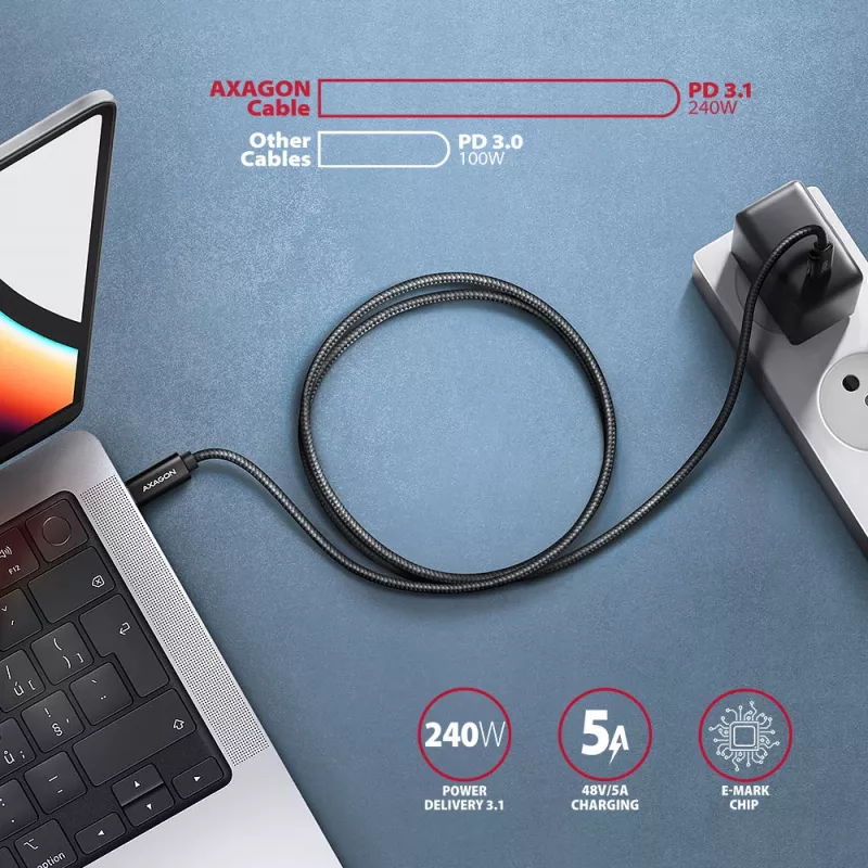 Axagon BUCM2-CM30AB Daten- und Ladekabel USB 480Mbps 3 m. PD 240W, 5A. Schwarz geflochten