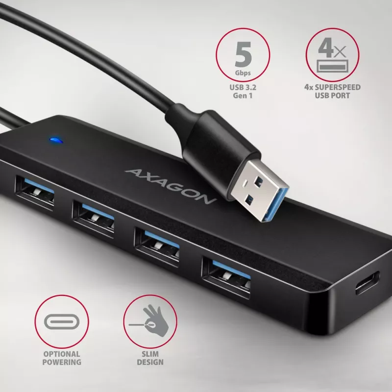 Axagon HUE-C1A 4x USB 5Gbps TRAVEL-Hub, USB-C Power-Eingang, 19 cm USB-A-Kabel