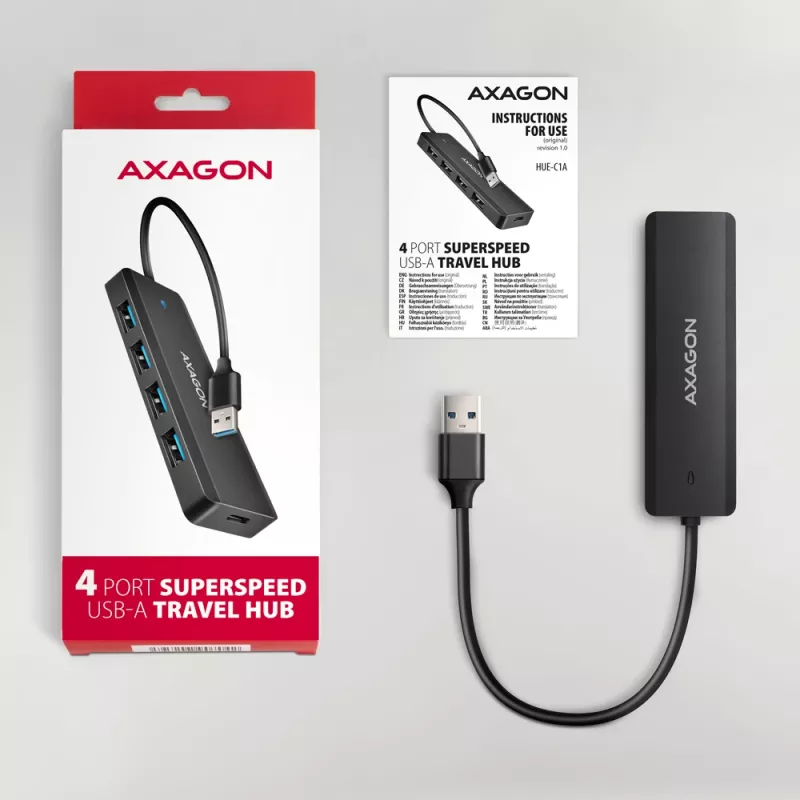 Axagon HUE-C1A 4x USB 5Gbps TRAVEL-Hub, USB-C Power-Eingang, 19 cm USB-A-Kabel