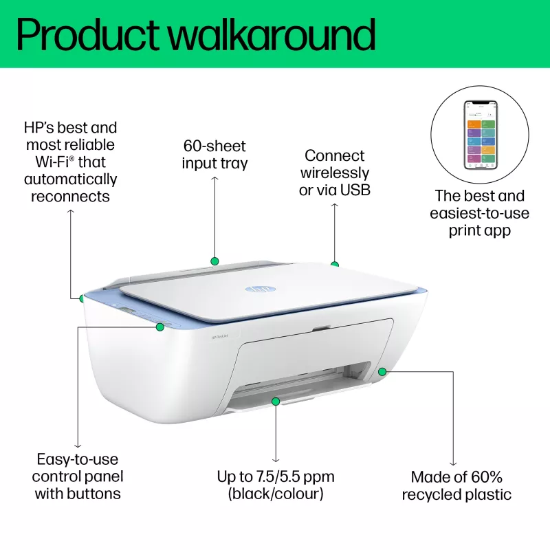 HP DeskJet 2822e kabelloser 3-in-1 Farbdrucker, Instant Ink; Kopierer, Scanner