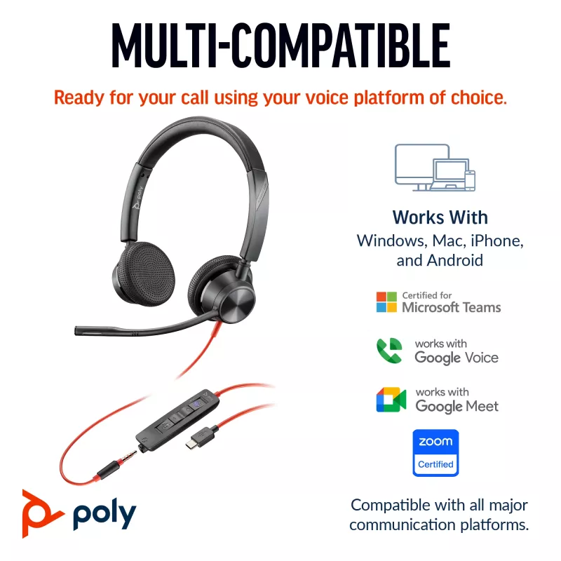 HP Poly Blackwire 3325 Stereo Microsoft Teams Certified USB-C Headset +3.5mm Plug +USB-C/A Adapter