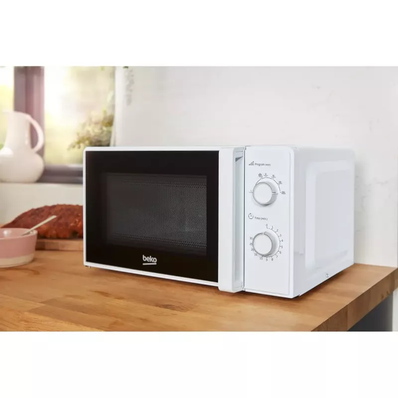 Beko MOC20100WFB Solo-Mikrowelle, 700 W, 20 l, 24,5 cm Drehteller, mechanische Bedienung, Weiß