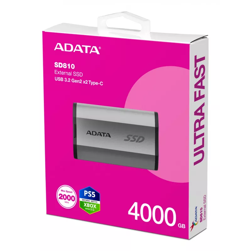 Tragbare SSD ADATA SD810 4 TB, USB Type-C, USB 3.2 Gen 2x2, 2000 MB/s Lesen/Schreiben, IP68 Aluminiumgehäuse