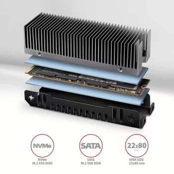 Axagon CLR-M2XT passiver Aluminiumkühler für ein- und doppelseitige M.2 SSDs Größe 2280, Höhe 24 mm