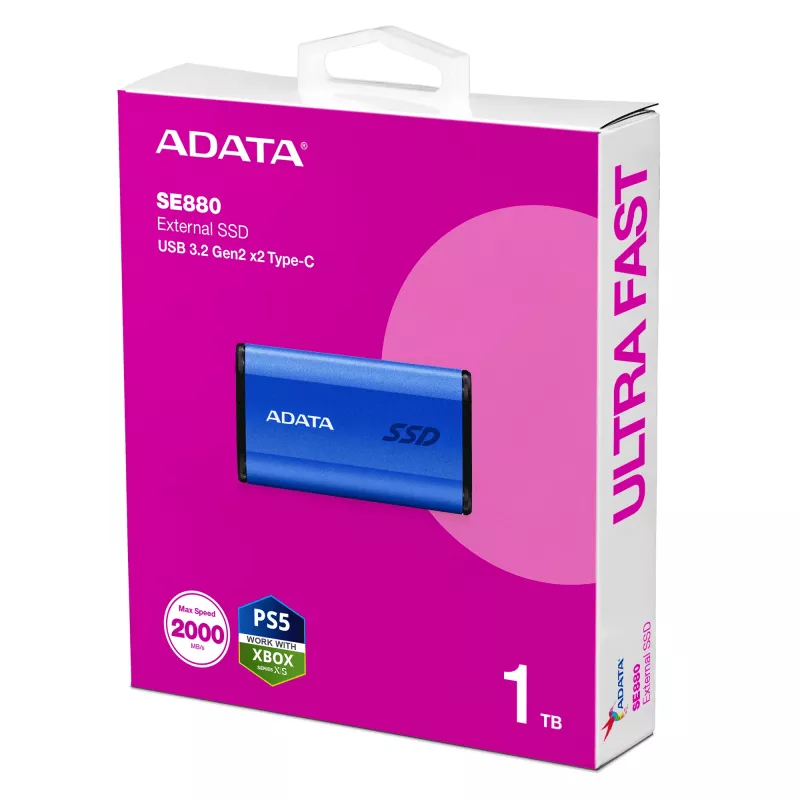 ADATA SE880 1 TB externe SSD, USB-C 3.2 Gen 2x2 (20 Gbit/s), bis zu 2000 MB/s, blau