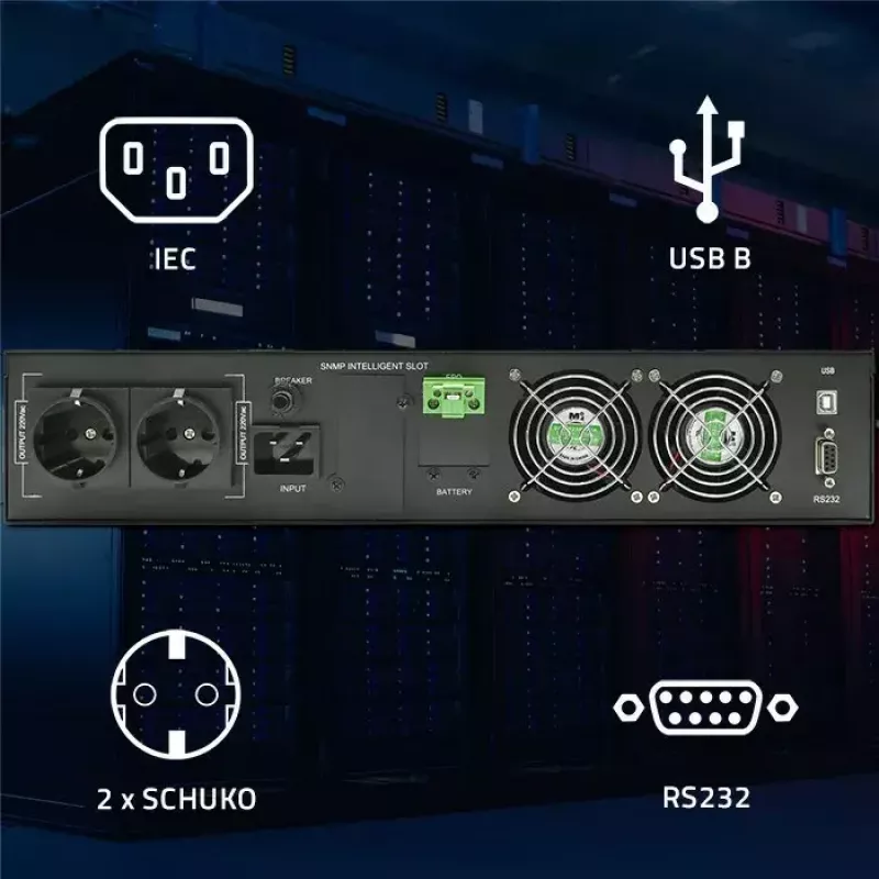 Qoltec 52286 Rack-USV 2 kVA (2000 W), Leistungsfaktor 1,0, rackmontierbar