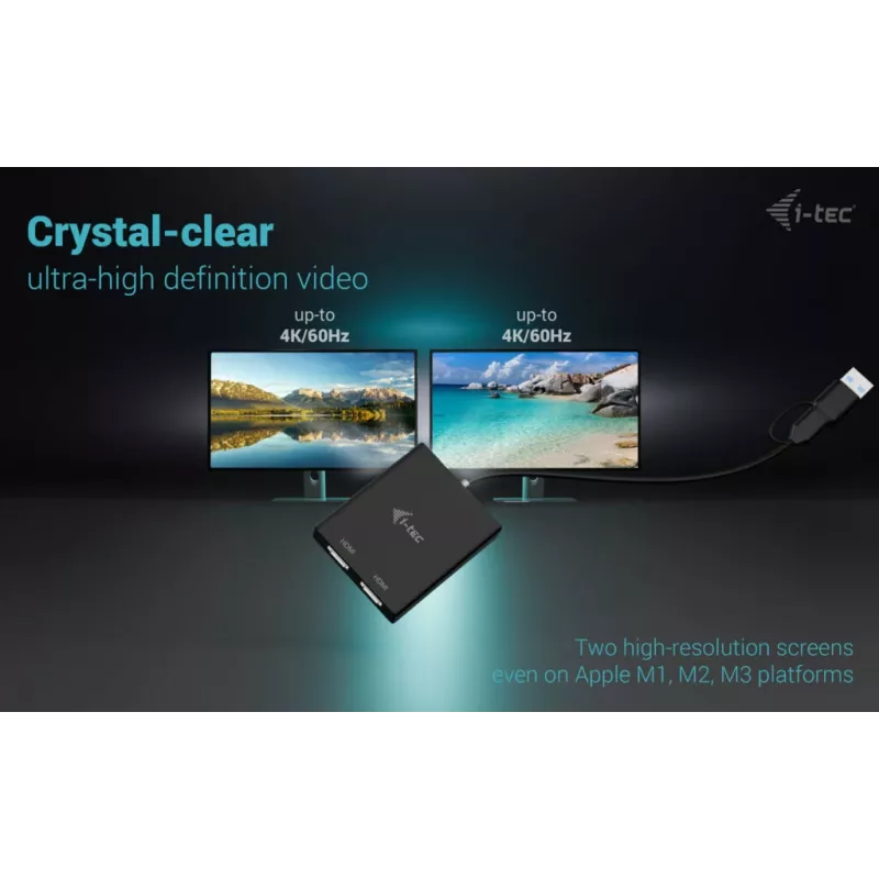 i-tec CADUAL4KHDMI USB-A/USB-C Dual 4K/60 Hz HDMI Videoadapter, 2x HDMI-Buchse, 0,27 m, 3840 x 2160, Schwarz