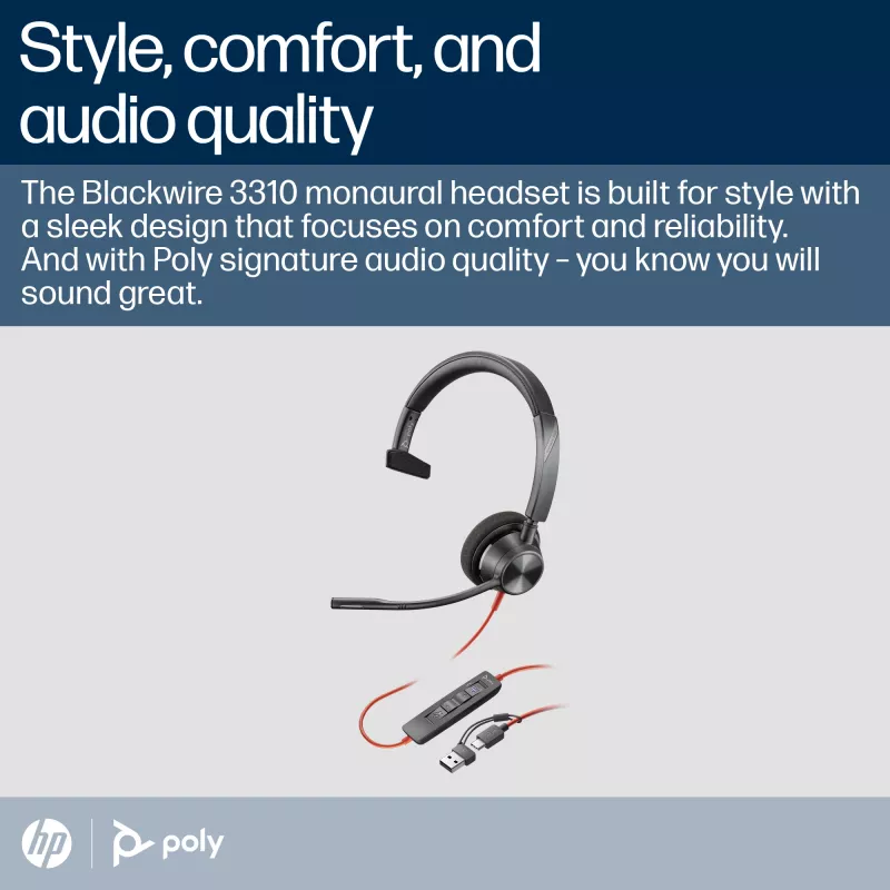 HP Poly Blackwire 3310 monaurales Microsoft Teams zertifiziertes USB-C Headset + USB-C/A Adapter