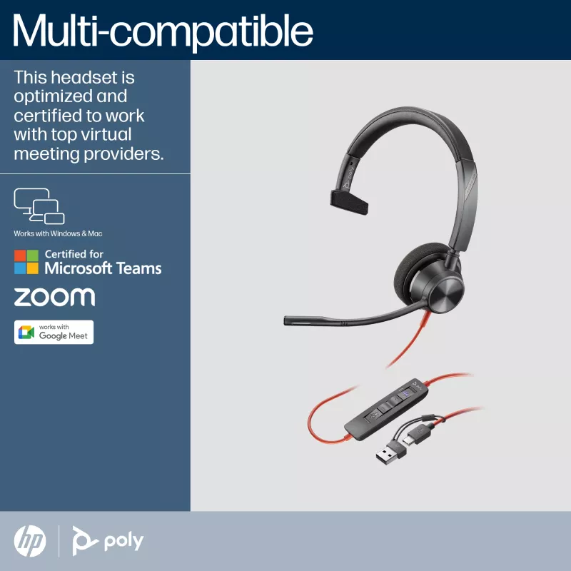 HP Poly Blackwire 3310 monaurales Microsoft Teams zertifiziertes USB-C Headset + USB-C/A Adapter