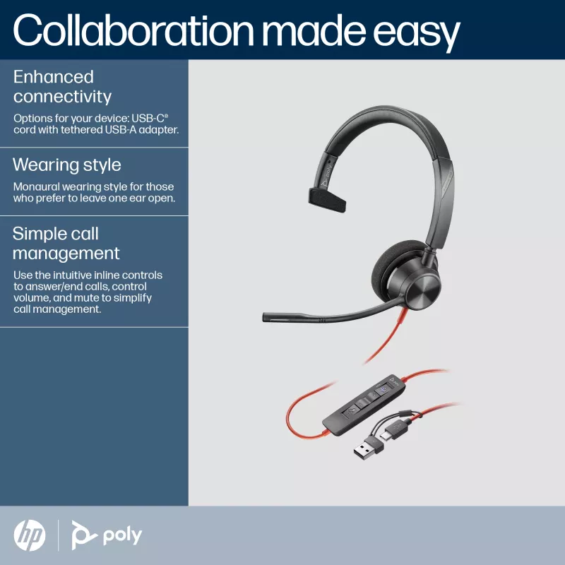 HP Poly Blackwire 3310 monaurales Microsoft Teams zertifiziertes USB-C Headset + USB-C/A Adapter