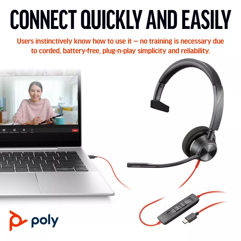 HP Poly Blackwire 3310 monaurales Microsoft Teams zertifiziertes USB-C Headset + USB-C/A Adapter
