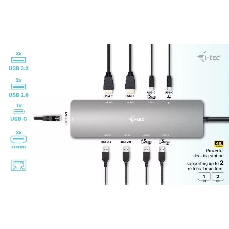 i-tec Metal USB-C Nano 2x Display Docking Station mit PD 100 W + Ladegerät 100W