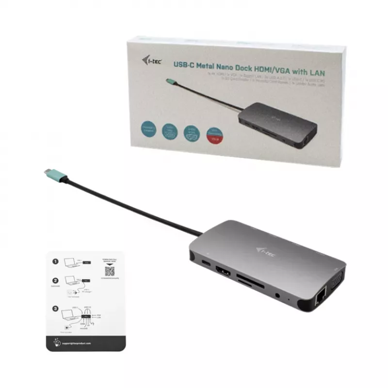 i-tec Metal USB-C Nano Dock HDMI/VGA mit LAN + Ladegerät 100 W