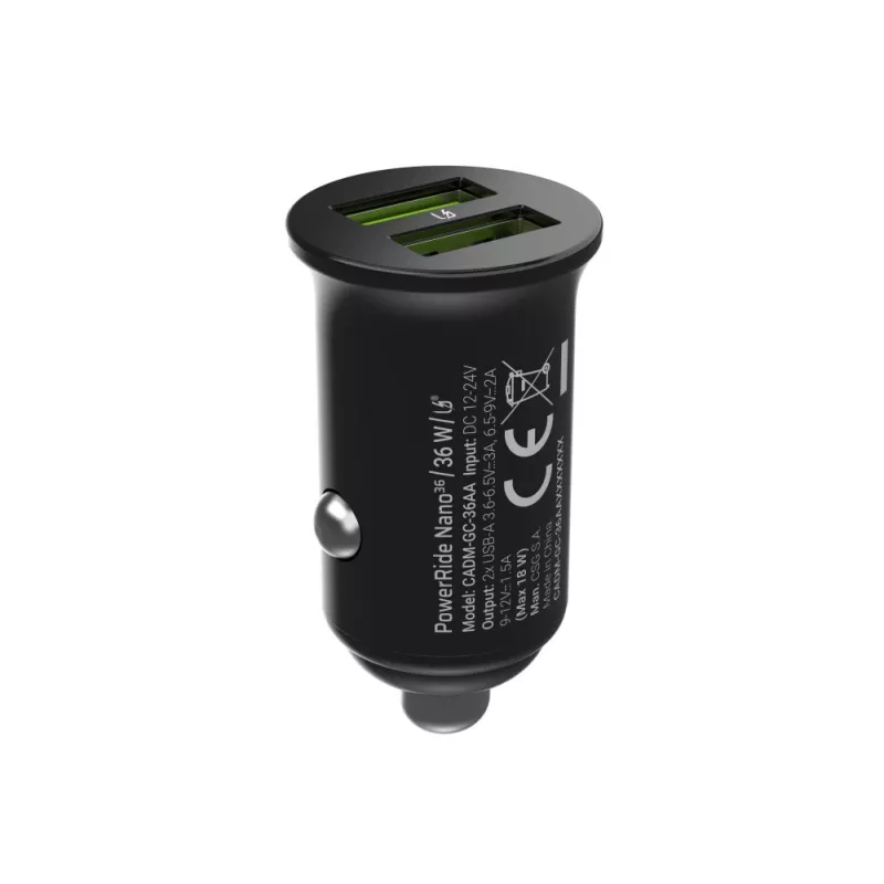 Green Cell GC PowerRide Nano36 CADM-GC-36AA Autoladegerät 36 W 6 A, 2 × USB-A, Ultra Charge Schnellladung, 12/24 V, Schwarz