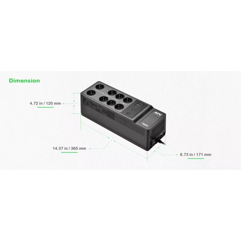 APC Back-UPS, 500VA/300W Boden-/Wandmontage, 230V, 8x CEE 7/3 Schuko-Steckdosen, USB-Typ-A-Anschluss, benutzeraustauschbare Batterie