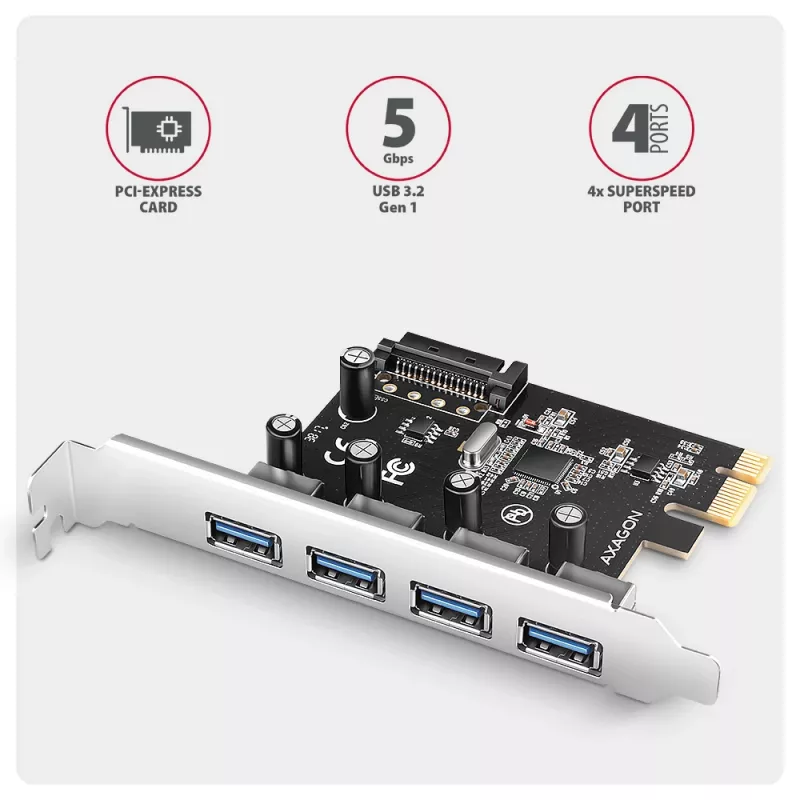 Axagon PCEU-430RS PCIe 2.0 x1 Controller-Karte, 4x externe USB-A 5 Gbit/s (USB 3.2 Gen 1), Renesas PD720201, UASP, SATA-15-Pin-Stromanschluss
