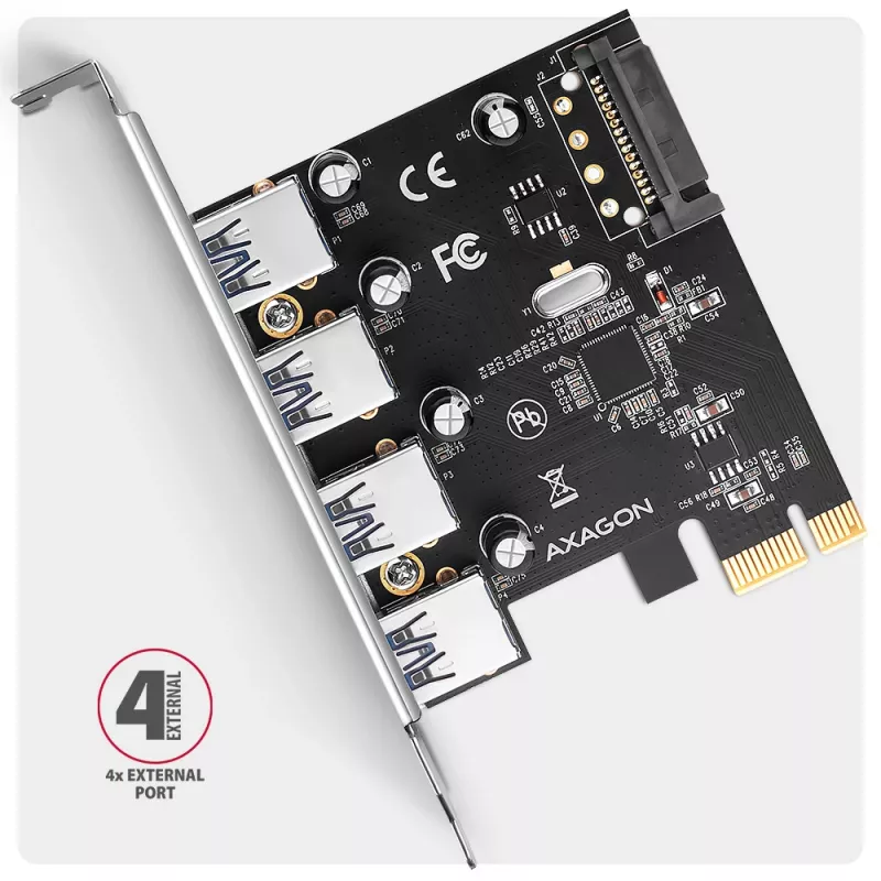 Axagon PCEU-430RS PCIe 2.0 x1 Controller-Karte, 4x externe USB-A 5 Gbit/s (USB 3.2 Gen 1), Renesas PD720201, UASP, SATA-15-Pin-Stromanschluss