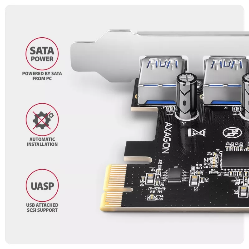 Axagon PCEU-430RS PCIe 2.0 x1 Controller-Karte, 4x externe USB-A 5 Gbit/s (USB 3.2 Gen 1), Renesas PD720201, UASP, SATA-15-Pin-Stromanschluss