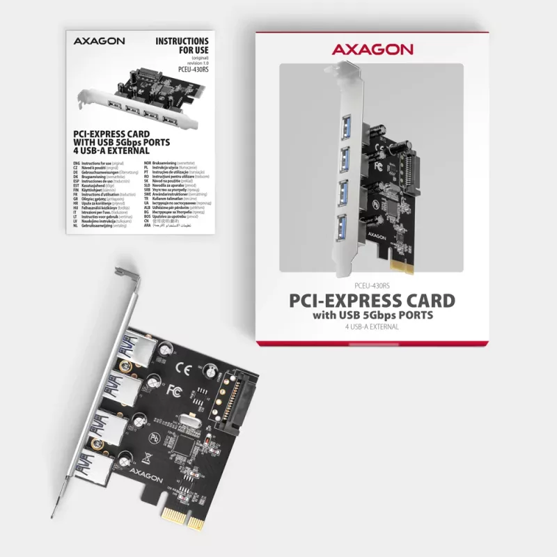 Axagon PCEU-430RS PCIe 2.0 x1 Controller-Karte, 4x externe USB-A 5 Gbit/s (USB 3.2 Gen 1), Renesas PD720201, UASP, SATA-15-Pin-Stromanschluss