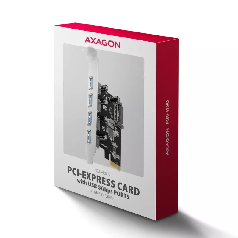 Axagon PCEU-430RS PCIe 2.0 x1 Controller-Karte, 4x externe USB-A 5 Gbit/s (USB 3.2 Gen 1), Renesas PD720201, UASP, SATA-15-Pin-Stromanschluss