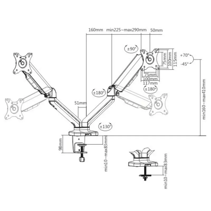 Techly ICA-LCD 462B Monitorarm für den Tisch, Gasdruckfeder, 17–32 Zoll (43,2–81,3 cm), 9 kg, VESA 75x75/100x100, Schwarz