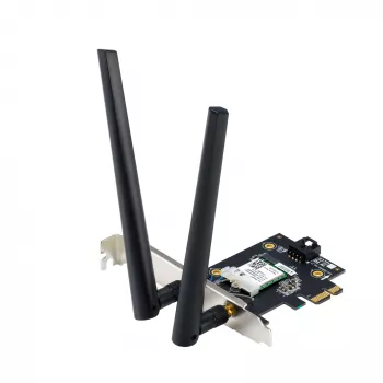 Interne WLAN Bluetooth Adapter ASUS PCE-BE6500 — PCIe, Tri-Band Wi‑Fi 6E/7 (2,4/5/6 GHz), Bluetooth 5.4, 2882 Mbps, externe Antenne, schwarz