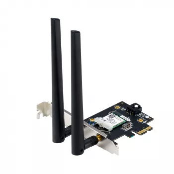 Interne WLAN Bluetooth Adapter ASUS PCE-BE6500 — PCIe, Tri-Band Wi‑Fi 6E/7 (2,4/5/6 GHz), Bluetooth 5.4, 2882 Mbps, externe Antenne, schwarz