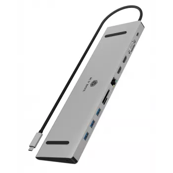 ICY BOX 11-in-1 via USB Type-C, Kabelgebunden, USB 3.2 Gen 1 (3.1 Gen 1) Type-C, 100 W, 3,5 mm, 10,100,1000 Mbit/s, Anthrazit, Schwarz