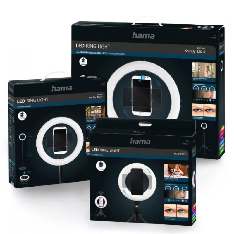 Hama SpotLight Smart 80 II LED-Ringleuchte, Set für Smartphone, mit Mini-Stativ