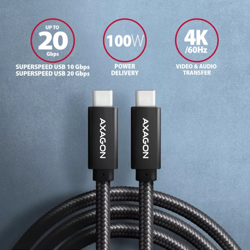 Axagon BUCM32-CM05AB SPEED+ USB-C <> USB 20Gbps/100W-Kabel 0,5 m