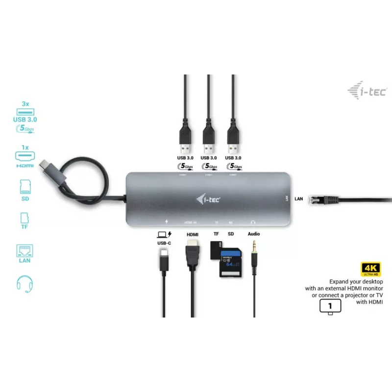 i-tec USB-C Metal Nano Dockingstation 4K HDMI LAN mit Power Delivery 100 W + Universal-Ladegerät 100 W