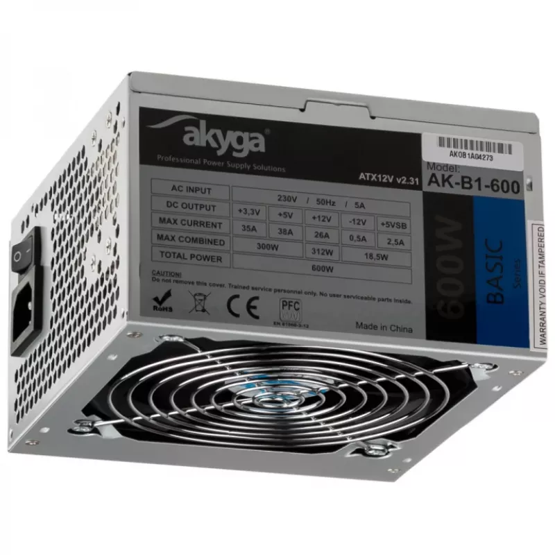 Akyga Basic AK-B1-600 ATX-Netzteil 600 W, 120-mm-Lüfter, passive PFC, Grau