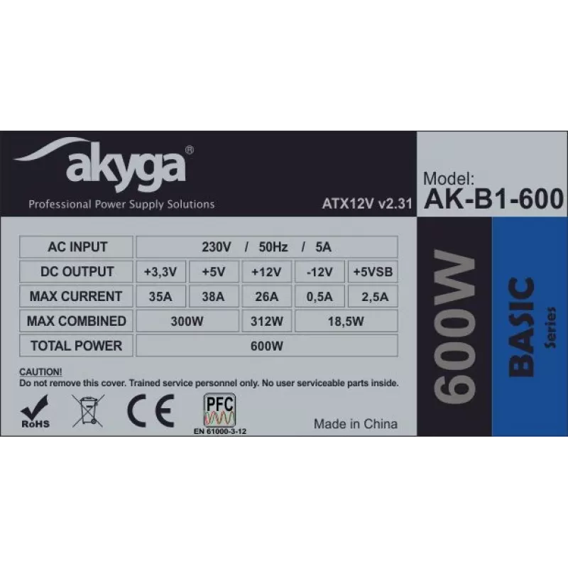 Akyga Basic AK-B1-600 ATX-Netzteil 600 W, 120-mm-Lüfter, passive PFC, Grau