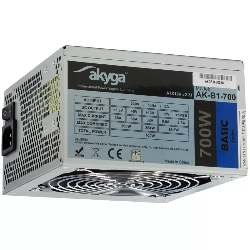 Akyga AK-B1-700 Basic 700 W ATX-Netzteil, passive PFC, 120 mm Lüfter, grau