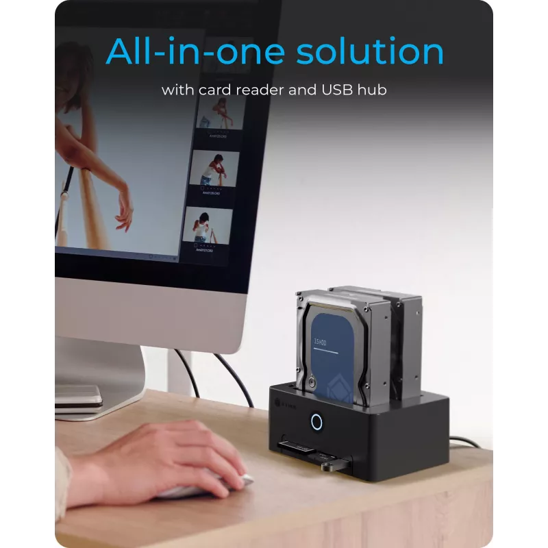 ICY BOX IB-1233CL-CR 2-Bay 2,5/3,5 Zoll SSD/HDD Docking- und Klonstation, CF/SD-Kartenleser, USB-A-Hub, USB 3.2 Gen 1, Schwarz