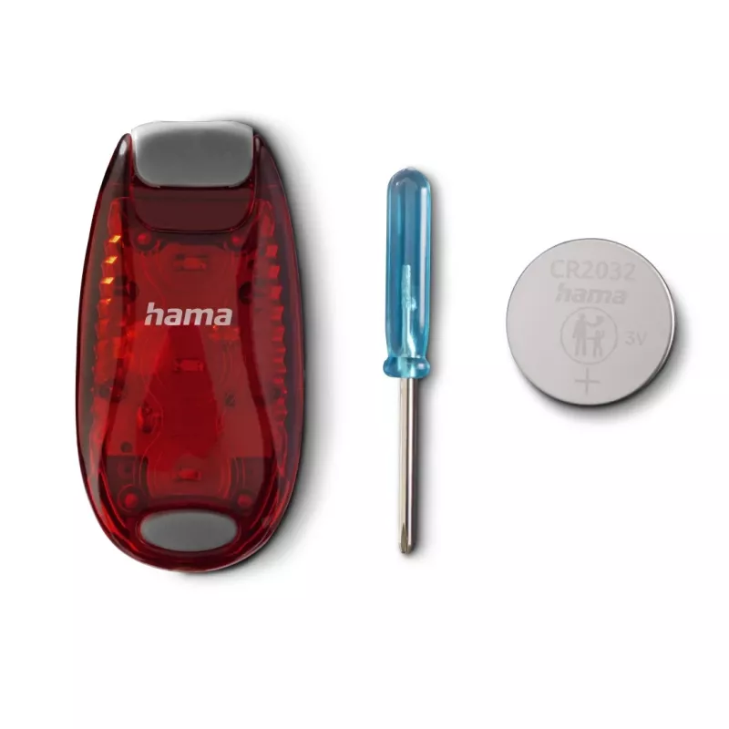Hama LED-Warnleuchte mit Clip, 2 Stück, 3 Leuchtmodi, IP44, CR2032-Batterie, Schwarz/Rot