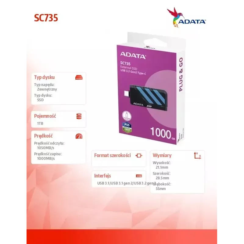 ADATA SC735 1 TB externe SSD, USB 3.2 Gen 2 (U3.2C), blau