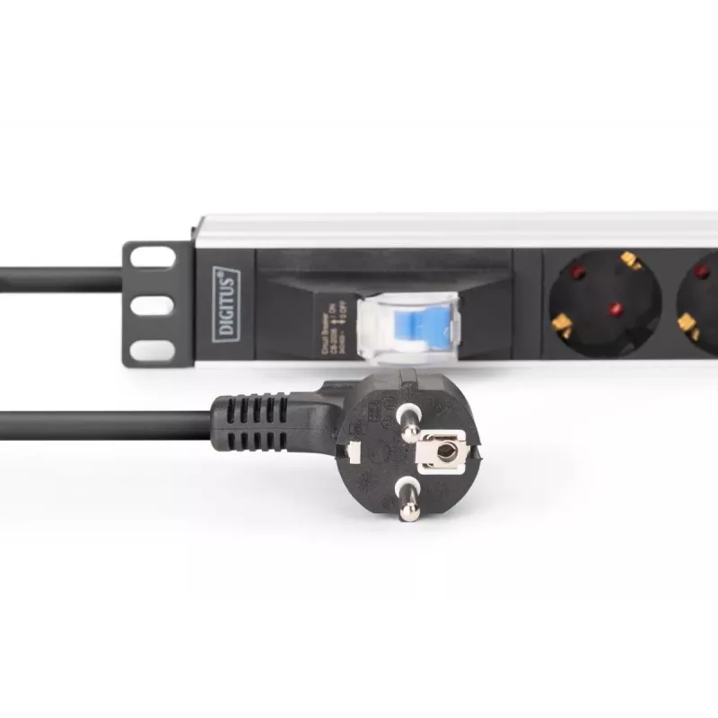DIGITUS DN-95439 19-Zoll 1HE Aluminium Rack-PDU, 7x Schuko-Steckdosen, Leitungsschutzschalter, 16 A, 4000 W, 230 V, 50/60 Hz, 1,8 m Kabel