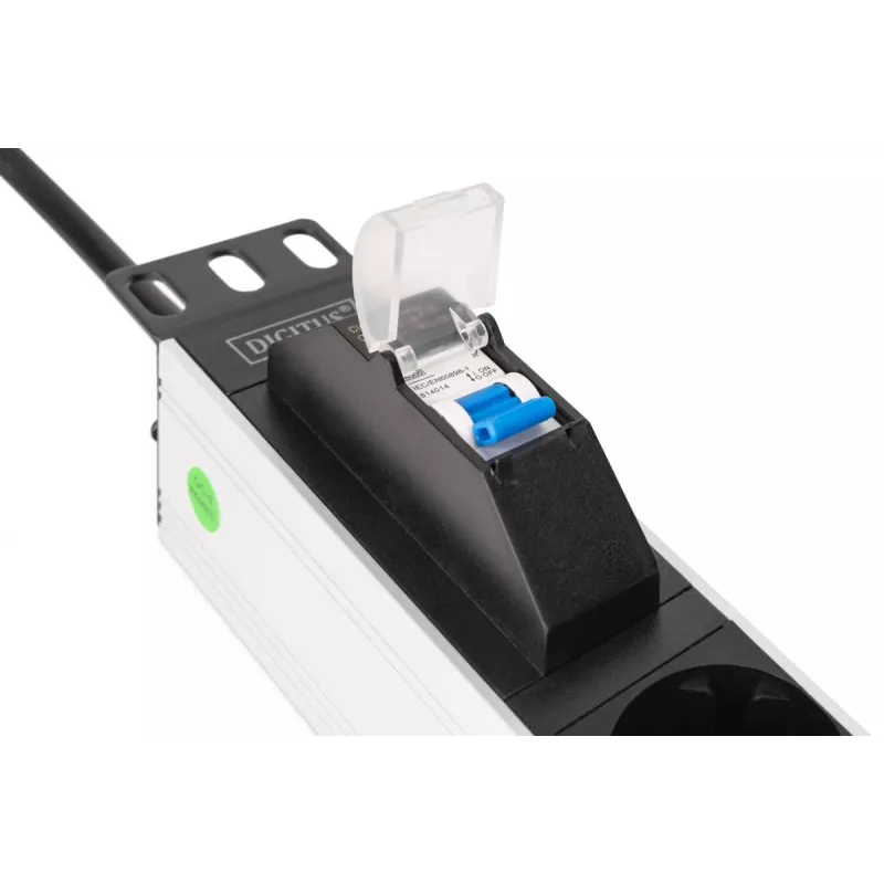 DIGITUS DN-95439 19-Zoll 1HE Aluminium Rack-PDU, 7x Schuko-Steckdosen, Leitungsschutzschalter, 16 A, 4000 W, 230 V, 50/60 Hz, 1,8 m Kabel